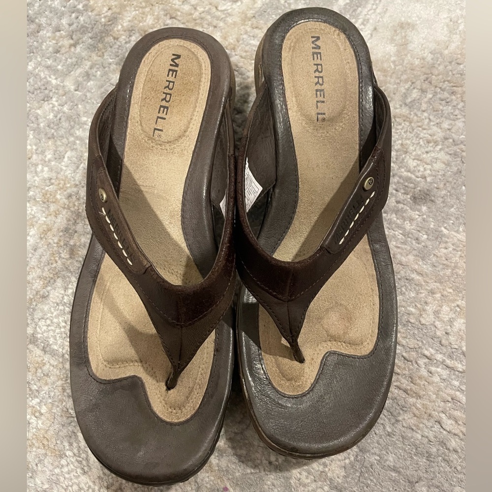 Merrell Luxe Thong Coffee Brown Leather Sandals Women’s Size 7 Open Toe Summer - Picture 7 of 10